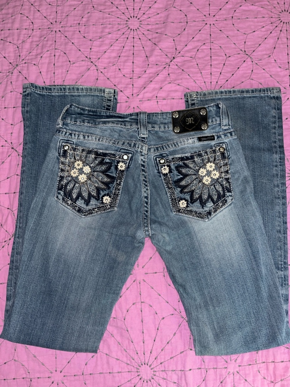 Miss Me Light Blue Boot Cut Jeans with Embroidered Floral Back Pocket - Picture 2 of 5
